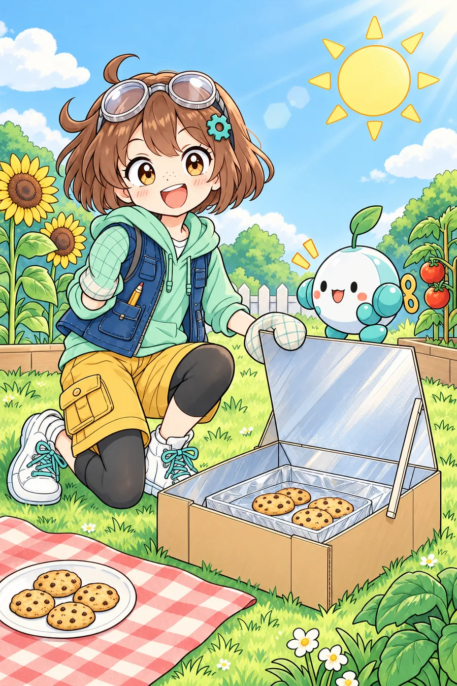 Finished full-color illustration of Nari and Toto in the solar oven scene