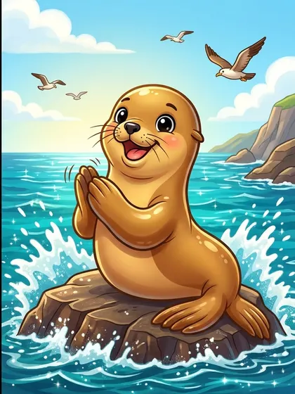해변 바위 위에서 짝짜꿍 박수 치는 재주꾼 배경의 바다사자 캐릭터 레오 컬러 참고본