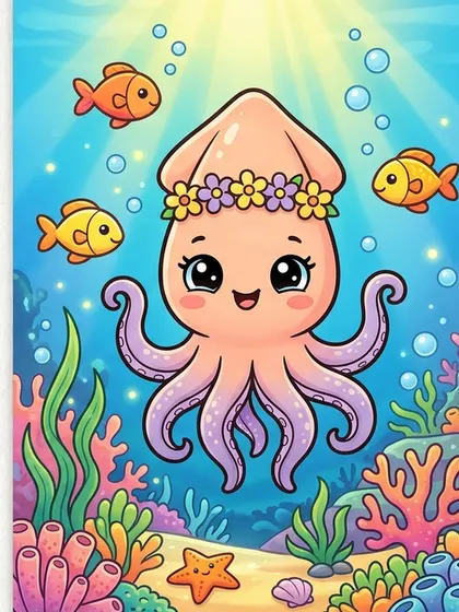 꽃 화관과 살랑살랑 춤추는 촉수 배경의 오징어 캐릭터 쫑이 컬러 참고본