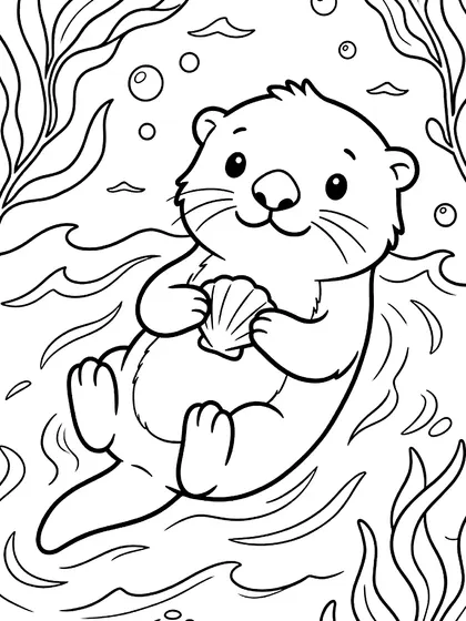 Black-and-white coloring page of Bori the Floating Sea Otter, a cute sea otter with seashell on tummy and gentle ocean waves