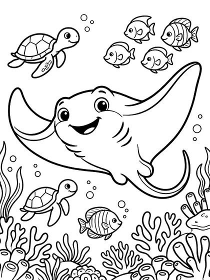 Black-and-white coloring page of Ray the Gliding Manta Ray, a cute manta ray with gliding wings with baby turtles and tropical fish