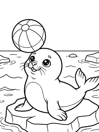 Black-and-white coloring page of Kongali the Bouncy Seal, a cute spotted seal with ice rock and rainbow beach ball on nose