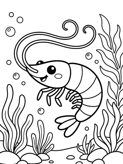 Black-and-white coloring page of Shooring the Crystal Shrimp, a cute striped shrimp with striped translucent body with mossy ocean rocks