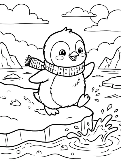 Black-and-white coloring page of Pepe the Tuxedo Penguin, a cute emperor penguin with red winter scarf and antarctic ice slide