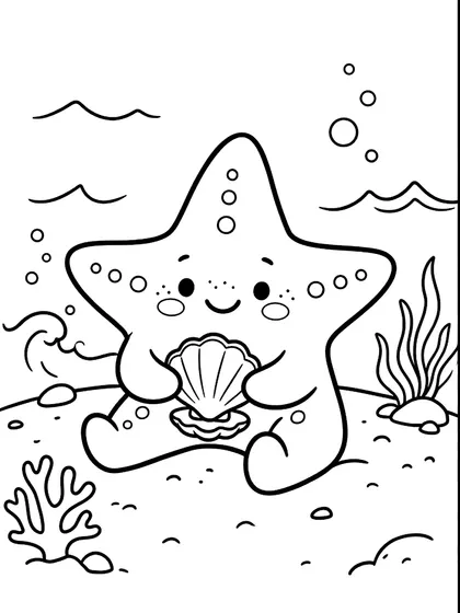 Black-and-white coloring page of Byeoli the Twinkling Starfish, a cute starfish with pearl shell on clean sandy beach and sea pebbles