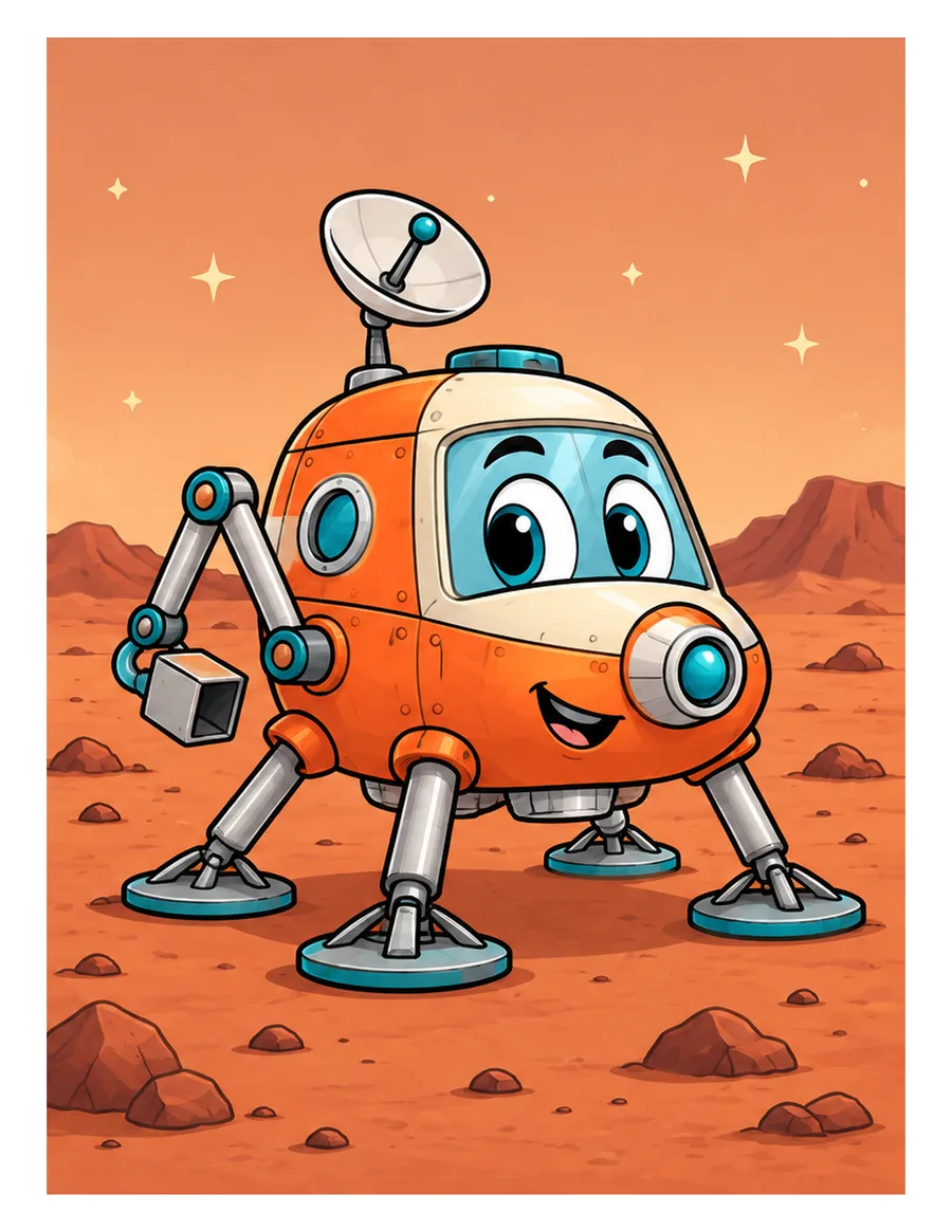 Color reference of Rusty the Mars lander character on a white background
