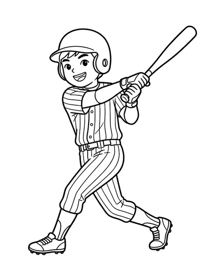 Black-and-white coloring line art of Baseball Batter Seungwoo with navy batting helmet, pinstripe uniform, bat, batting gloves on a white background