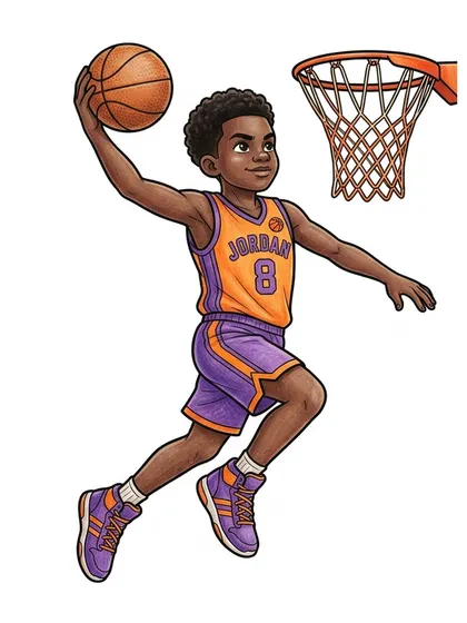 Color reference of Basketball Dunker Jordan in bright orange, deep purple, starlight gold, pure white on a white background
