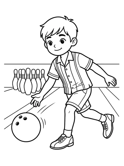 Black-and-white coloring line art of Bowling Strike Seojin with three-hole bowling ball, 10 bowling pins, retro bowling shirt, shoes on a white background