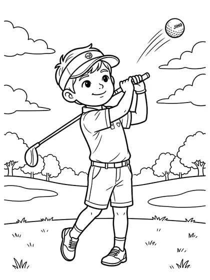 Black-and-white coloring line art of Golf Swing Jiho with golf club driver, golf ball, tee, sun visor, golf bag on a white background