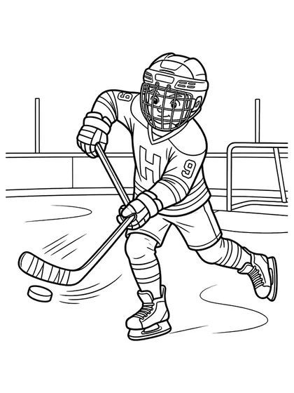 Black-and-white coloring line art of Ice Hockey Slapshot Kyle with hockey helmet with cage, hockey stick, rubber puck, skates on a white background
