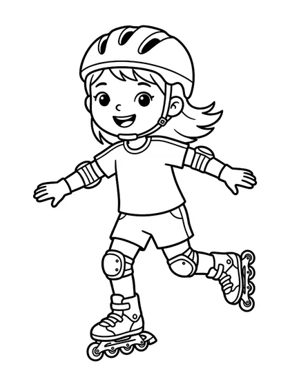 Black-and-white coloring line art of Roller Skating Haeun with inline skates, safety helmet, elbow/knee pads, wristguards on a white background