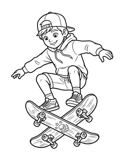 Black-and-white coloring line art of Skateboarding Trick Rio with wooden deck skateboard, backward cap, skate shoes, baggy hoodie on a white background