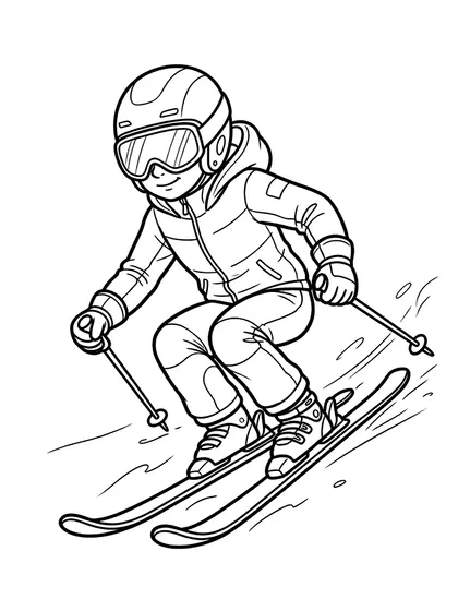 Black-and-white coloring line art of Snow Skiing Loha with carving skis, ski poles, ski goggles, warm ski jacket on a white background