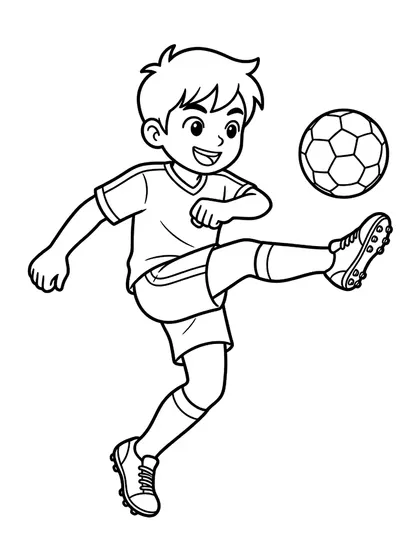 Black-and-white coloring line art of Soccer Striker Minwoo with blue jersey, cleats, shin guards, classic soccer ball on a white background