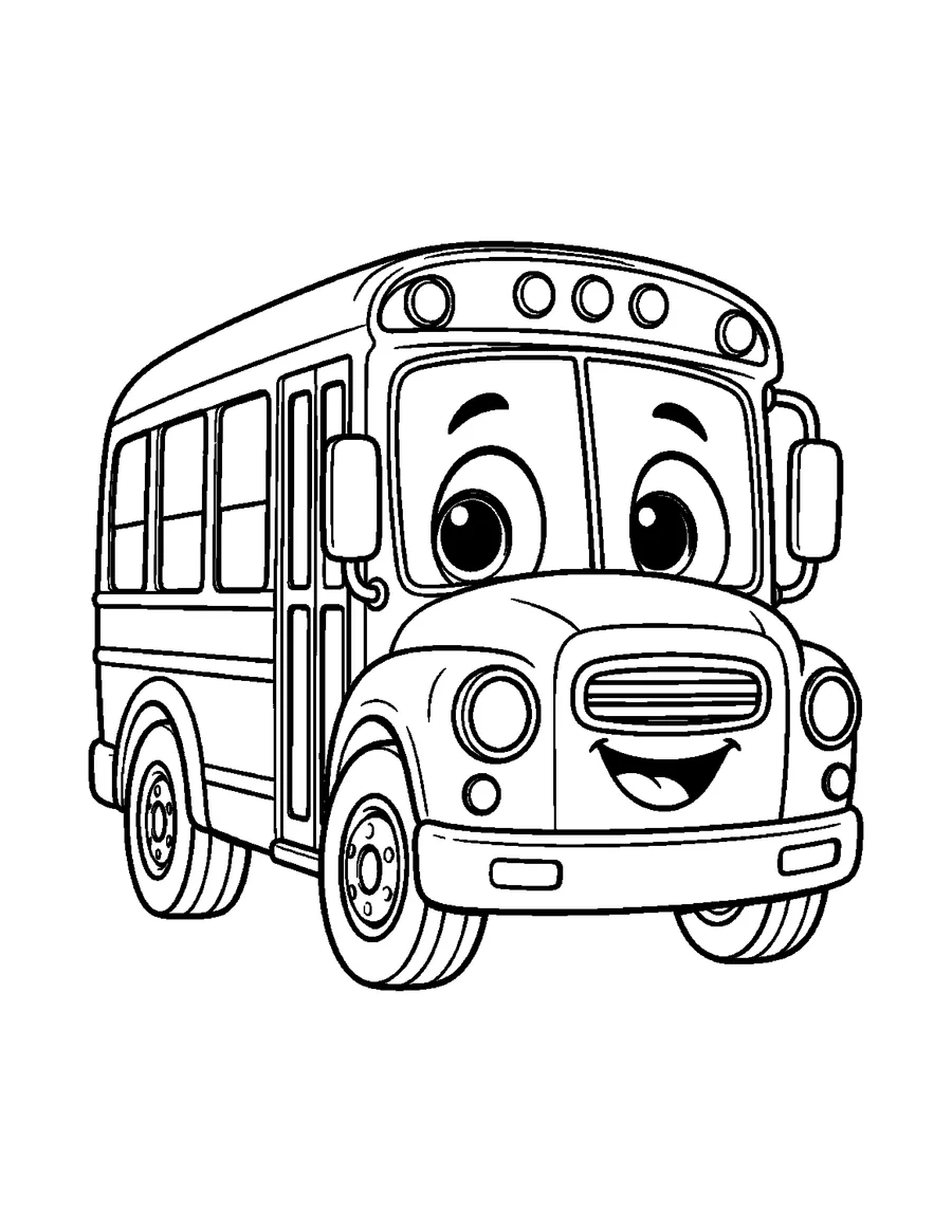 Black-and-white coloring line art of Bibi, a school bus character, on a white background