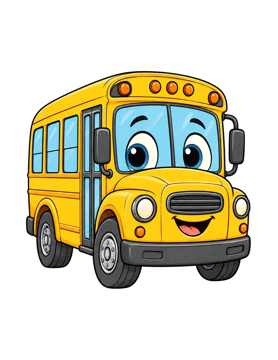 Color reference of Bibi the school bus character on a white background