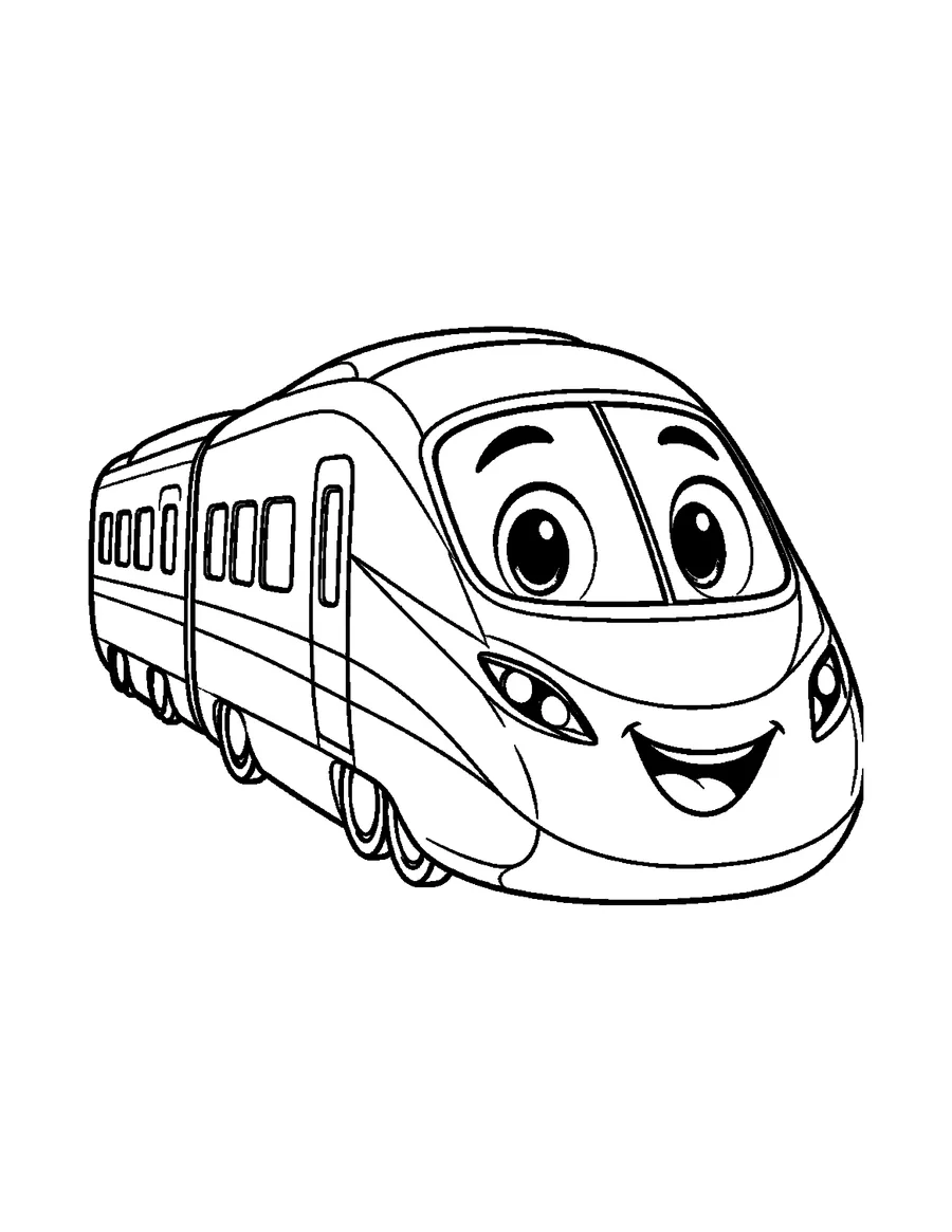 Black-and-white coloring line art of Bolt, a high-speed train character, on a white background