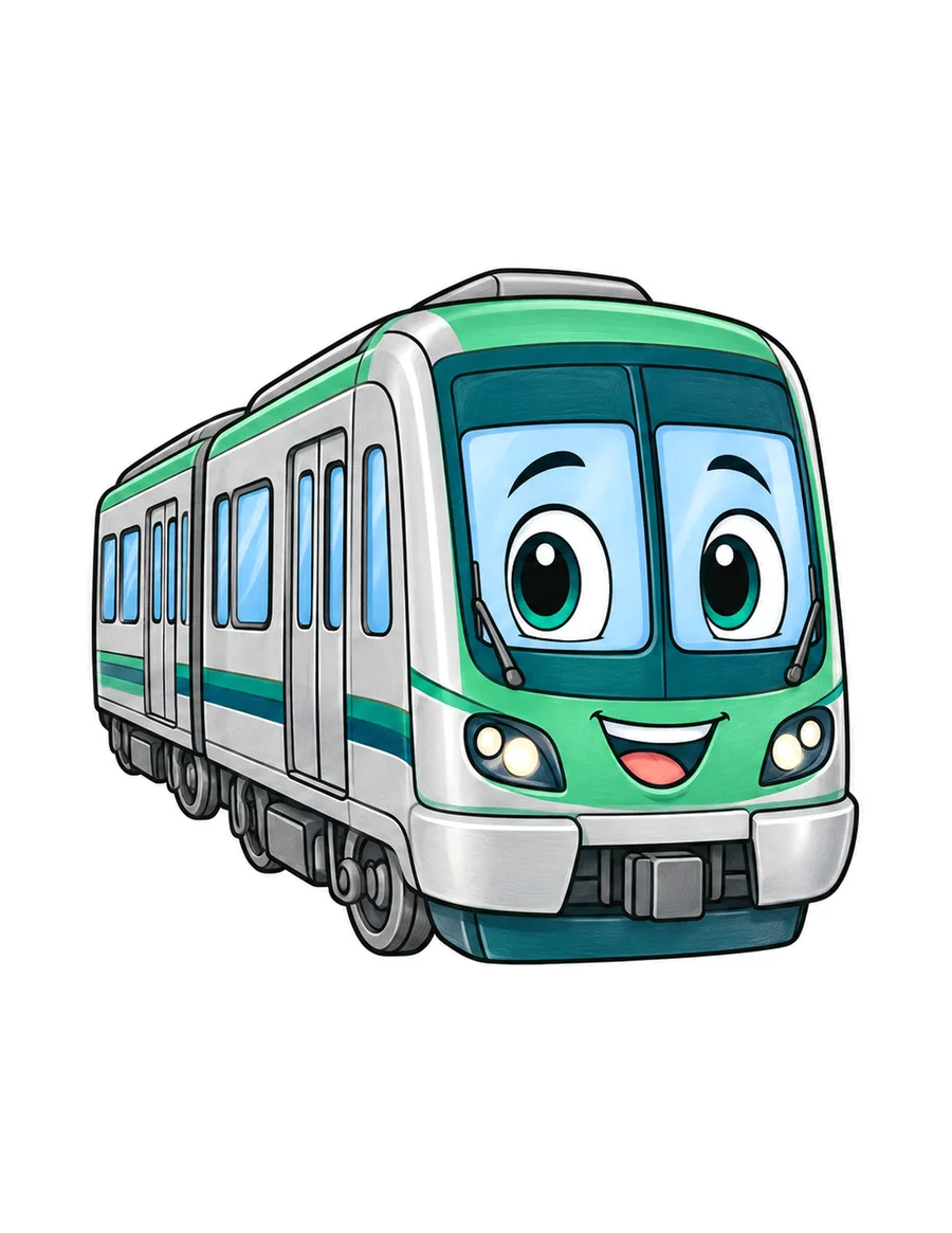 Color reference of Subi the subway train character on a white background
