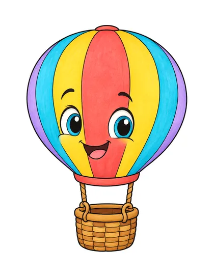 Color reference of Ballo the hot-air balloon character on a white background