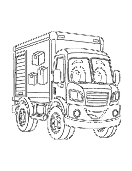 Black-and-white coloring line art of Bori, a delivery truck character, on a white background