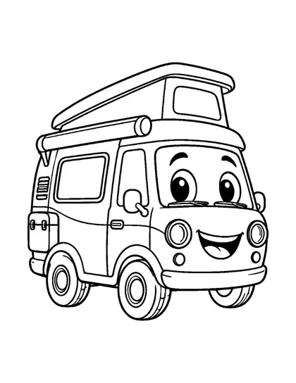 Black-and-white coloring line art of Campy, a camper van character, on a white background