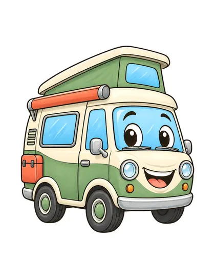 Color reference of Campy the camper van character on a white background