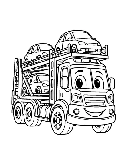 Black-and-white coloring line art of Carry, a car transporter character, on a white background