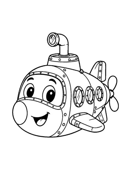 Black-and-white coloring line art of Dippy, a research submarine character, on a white background