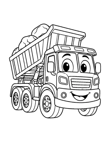 Black-and-white coloring line art of Dori, a dump truck character, on a white background