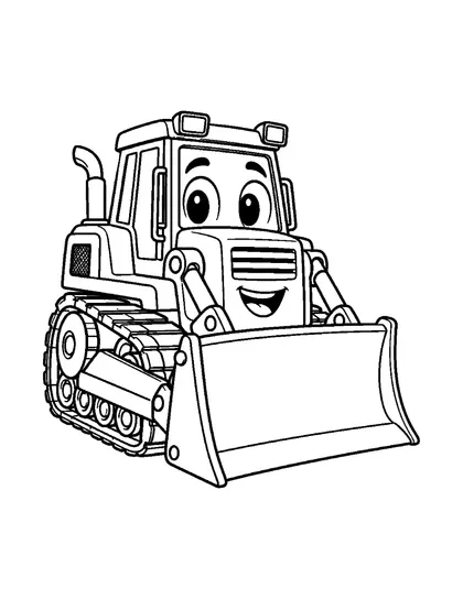 Black-and-white coloring line art of Dozi, a bulldozer character, on a white background