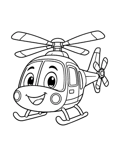 Black-and-white coloring line art of Heli, a rescue helicopter character, on a white background