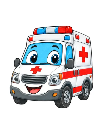 Color reference of Medi the ambulance character on a white background