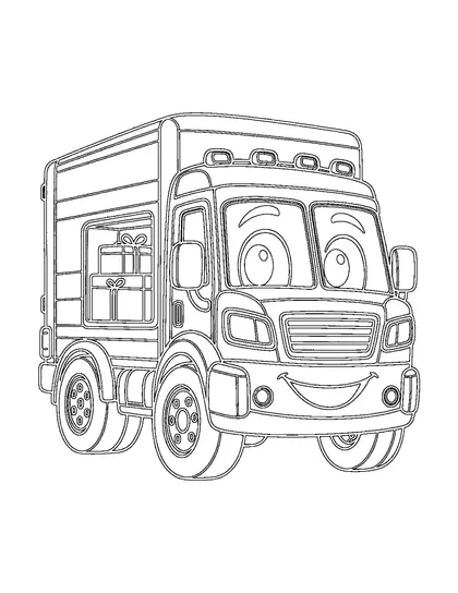 Black-and-white coloring line art of Moom, a moving truck character, on a white background