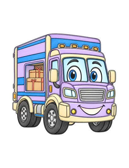 Color reference of Moom the moving truck character on a white background