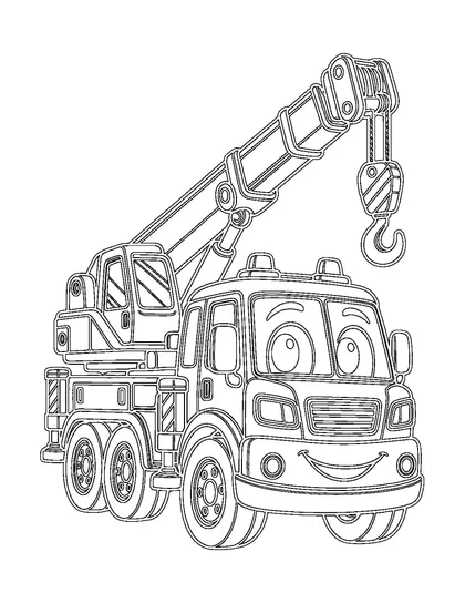 Black-and-white coloring line art of Nopi, a mobile crane character, on a white background