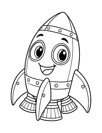 Black-and-white coloring line art of Nova, a space rocket character, on a white background