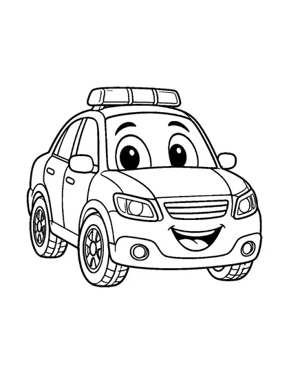 Black-and-white coloring line art of Pato, a police car character, on a white background
