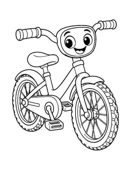 Black-and-white coloring line art of Pedi, a children's bicycle character, on a white background