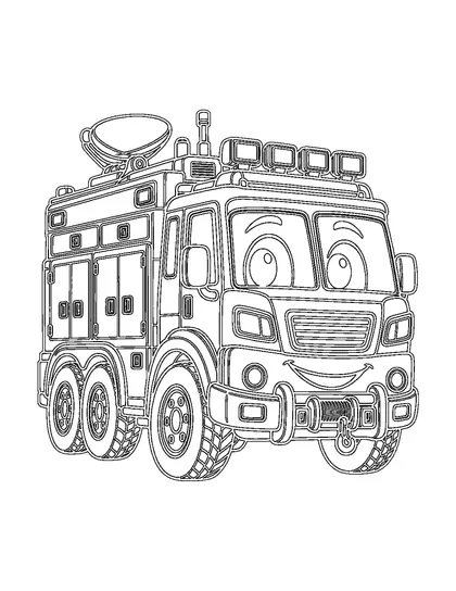 Black-and-white coloring line art of Rex, a rescue command truck character, on a white background