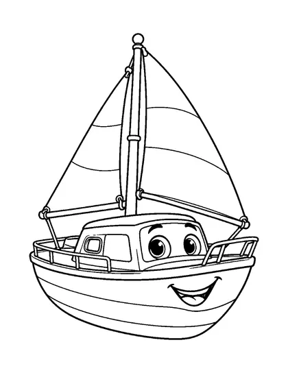 Black-and-white coloring line art of Saily, a sailboat character, on a white background