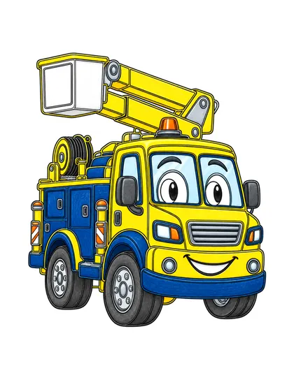 Color reference of Sparky the utility bucket truck character on a white background