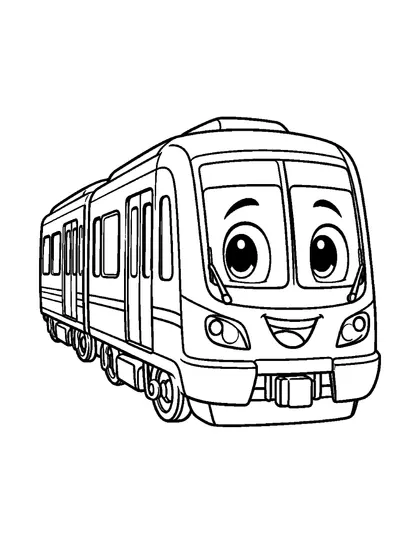 Black-and-white coloring line art of Subi, a subway train character, on a white background