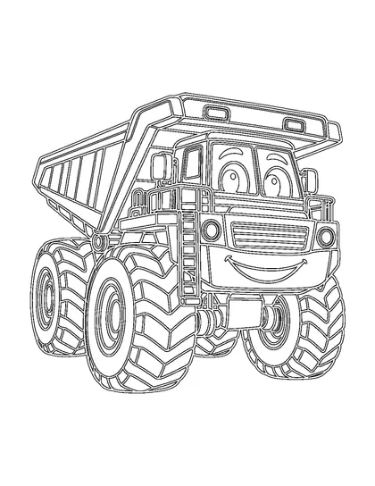 Black-and-white coloring line art of Titan, a mining haul truck character, on a white background