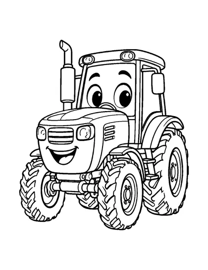 Black-and-white coloring line art of Tori, a farm tractor character, on a white background