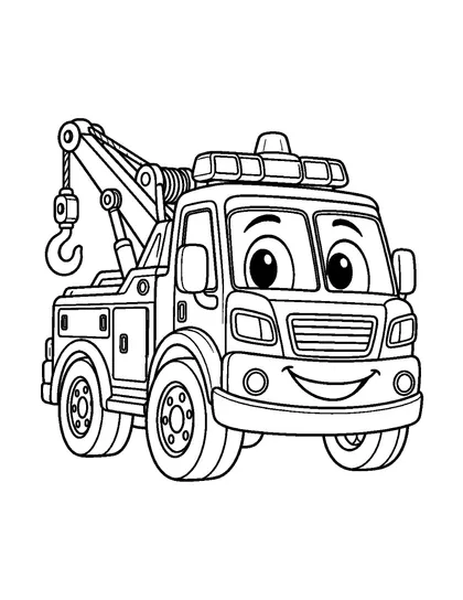 Black-and-white coloring line art of Towi, a tow truck character, on a white background