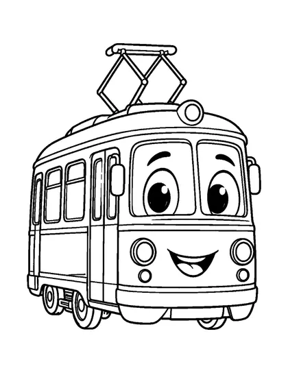 Black-and-white coloring line art of Trami, a street tram character, on a white background