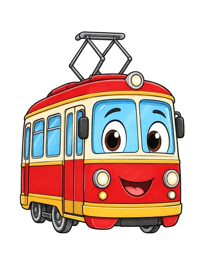 Color reference of Trami the street tram character on a white background
