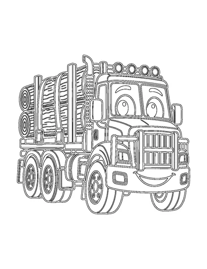 Black-and-white coloring line art of Woodi, a logging truck character, on a white background