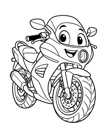 Black-and-white coloring line art of Zoom, a touring motorcycle character, on a white background